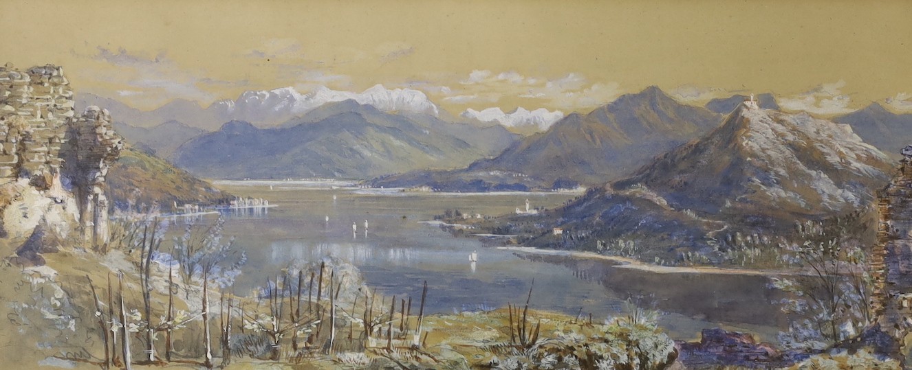 19th century Colonial School, watercolour, Extensive lake and mountain scene, 14 x 34cm